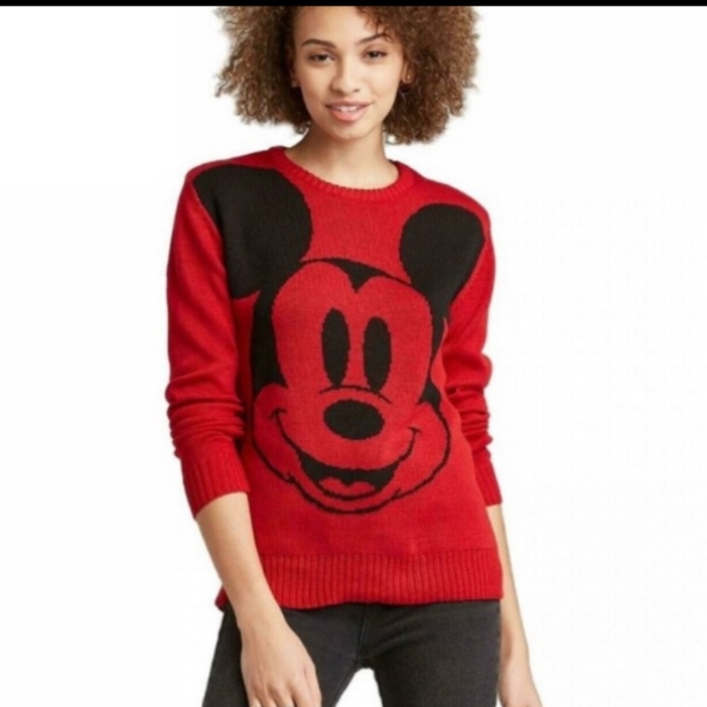 NWT Disney Mickey Mouse Red Black Crew Neck Sweater Size Small